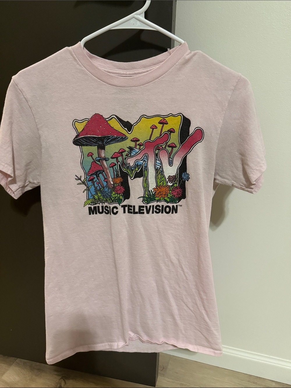 MTV Pink Graphic Tee with Colorful Mushroom Logo